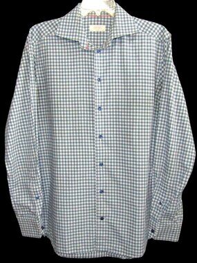 Eton Blue Green Check Button Up Shirt Size 15.5 39 Long Sleeve Slim Fit Cotton